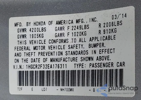 2014 Honda Accord Lx из США, поврежденный, VIN 1HGCR2F32EA176311